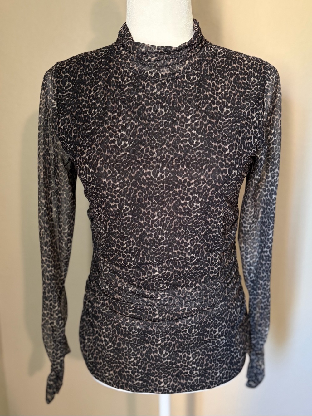 Ella Rafaella Mesh Leopard Print Mock Neck Ruched Top Size Small